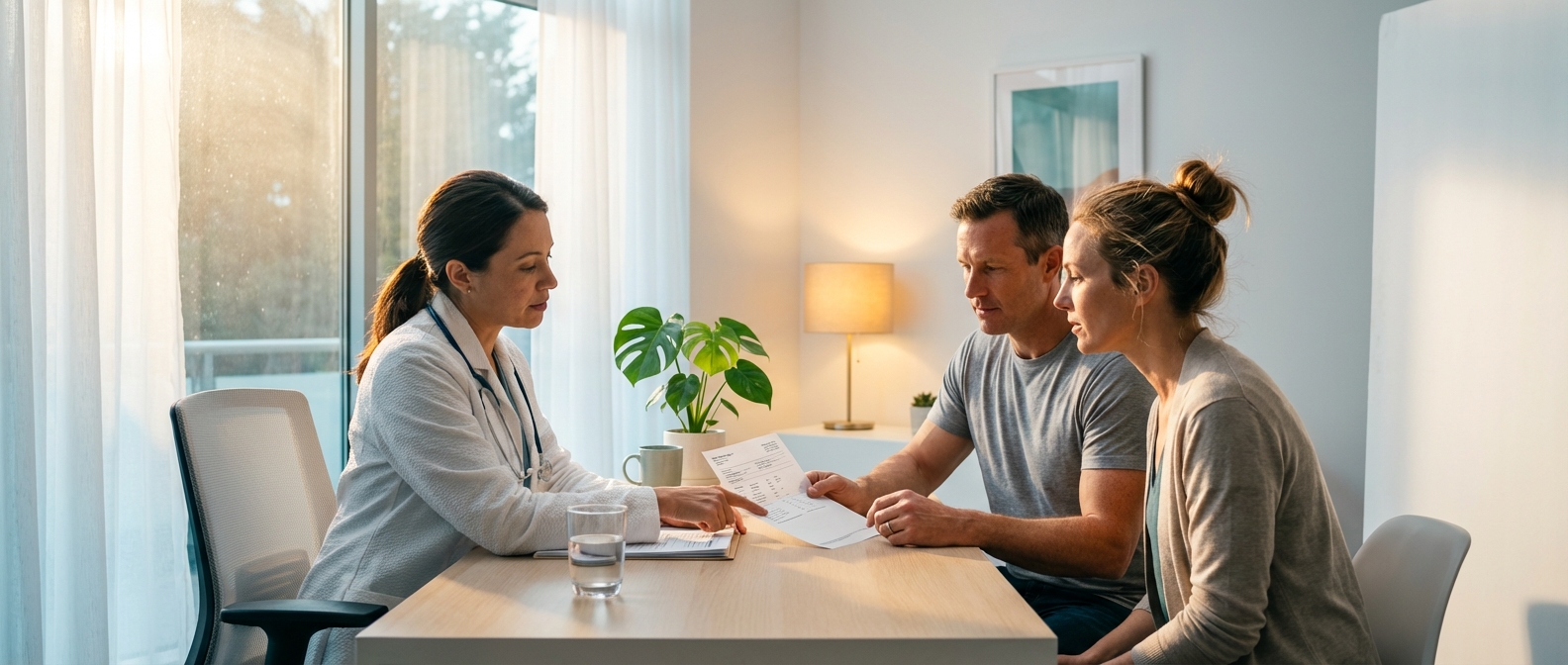 Man and woman reviewing lab results with a doctor in a bright modern clinic