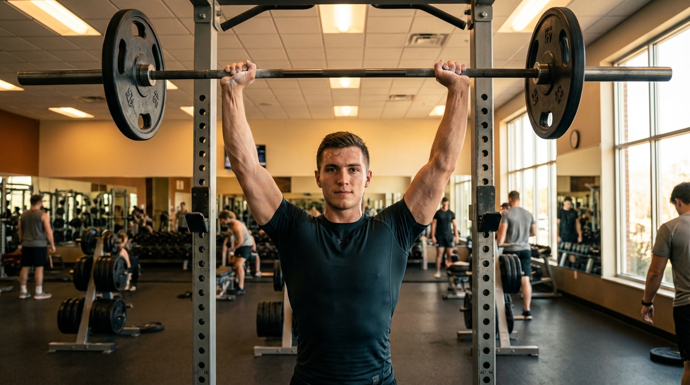 Young athletic man performing a barbell overhead press in a well-equipped gym