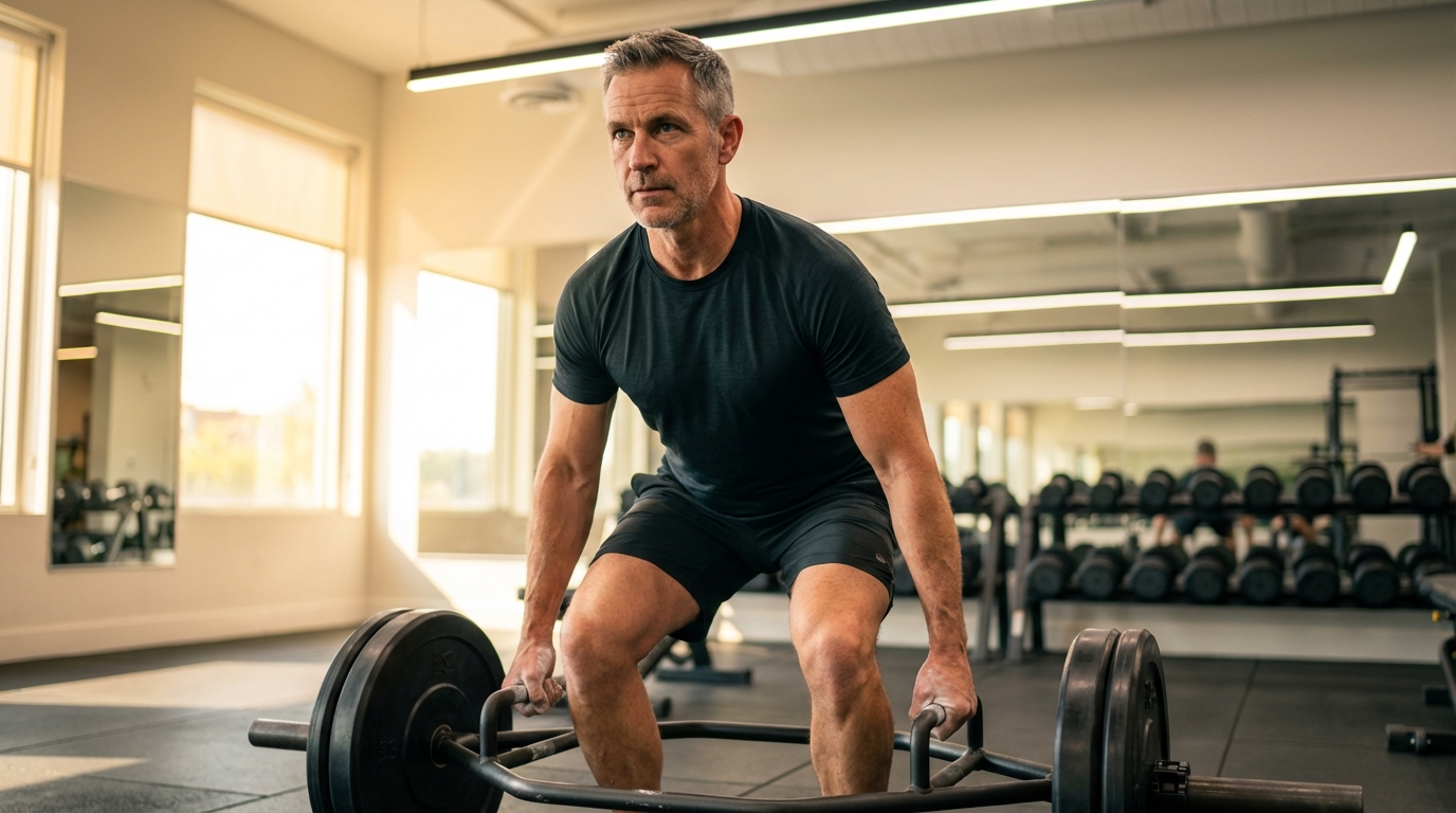 Fit man in his late 40s doing a trap bar deadlift in a clean modern gym