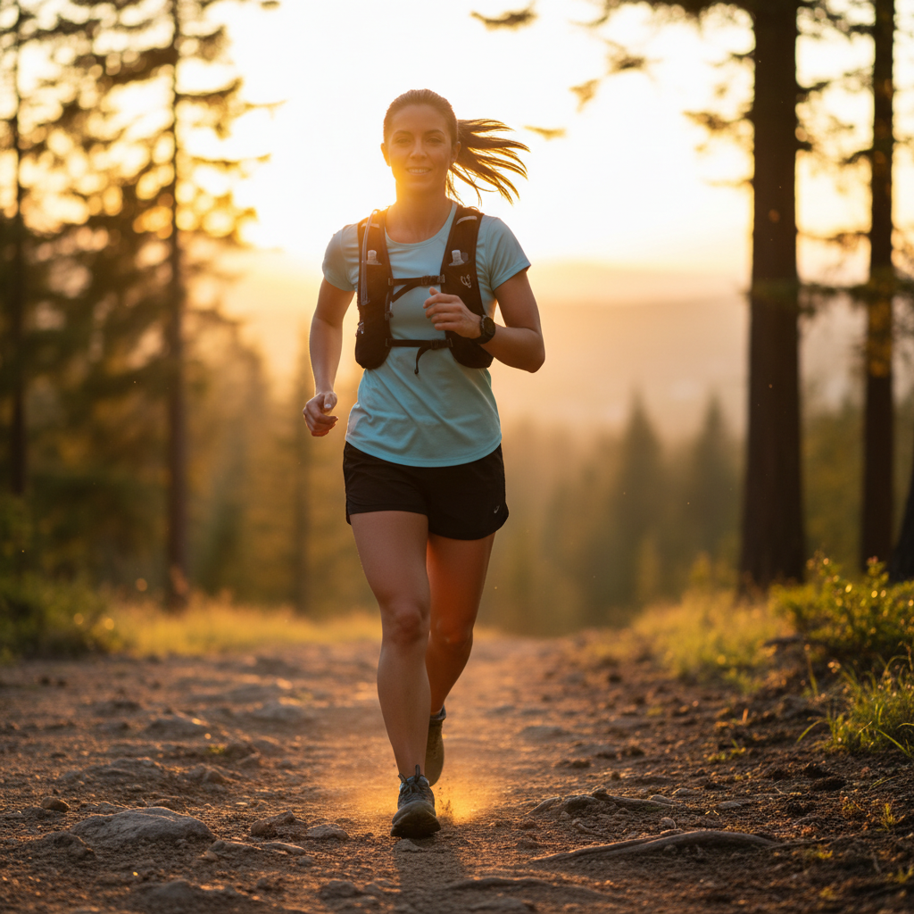 Person running on a trail at sunrise with golden warm light