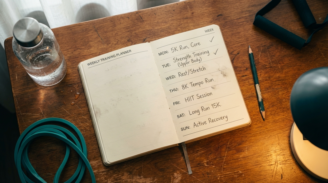 Overhead view of a training planner and water bottle on a wooden desk
