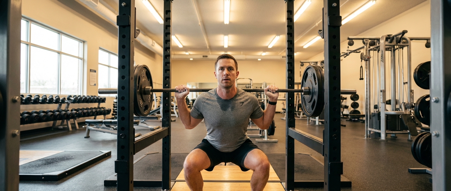 Person performing a barbell squat in a well-lit home gym with warm natural lighting
