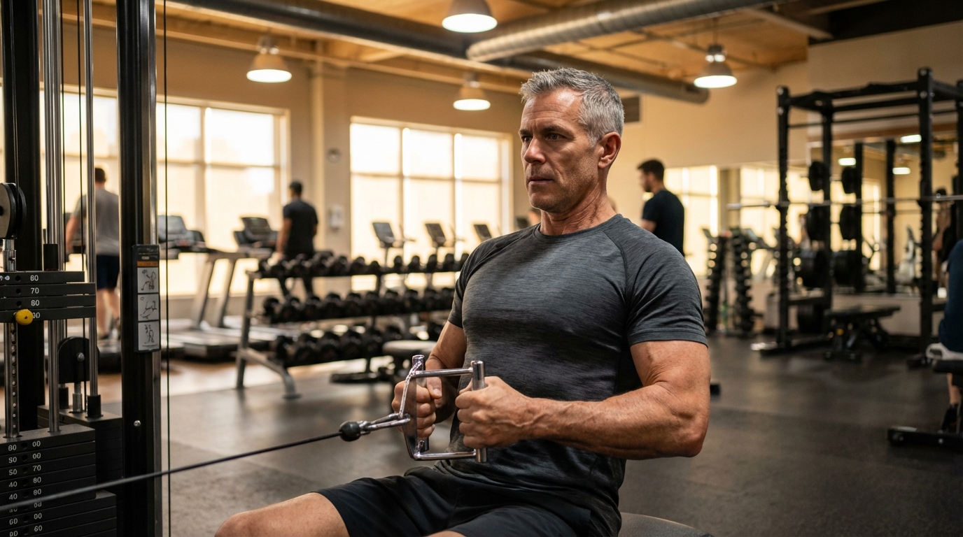 Fit man in his mid-50s performing a seated cable row in a modern gym