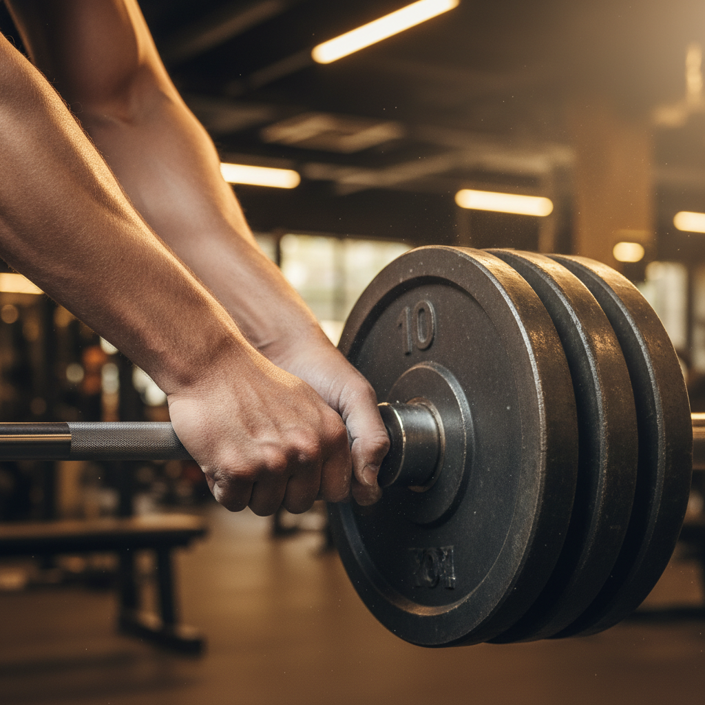 Close-up of hands adding a weight plate to a barbell with chalk visible