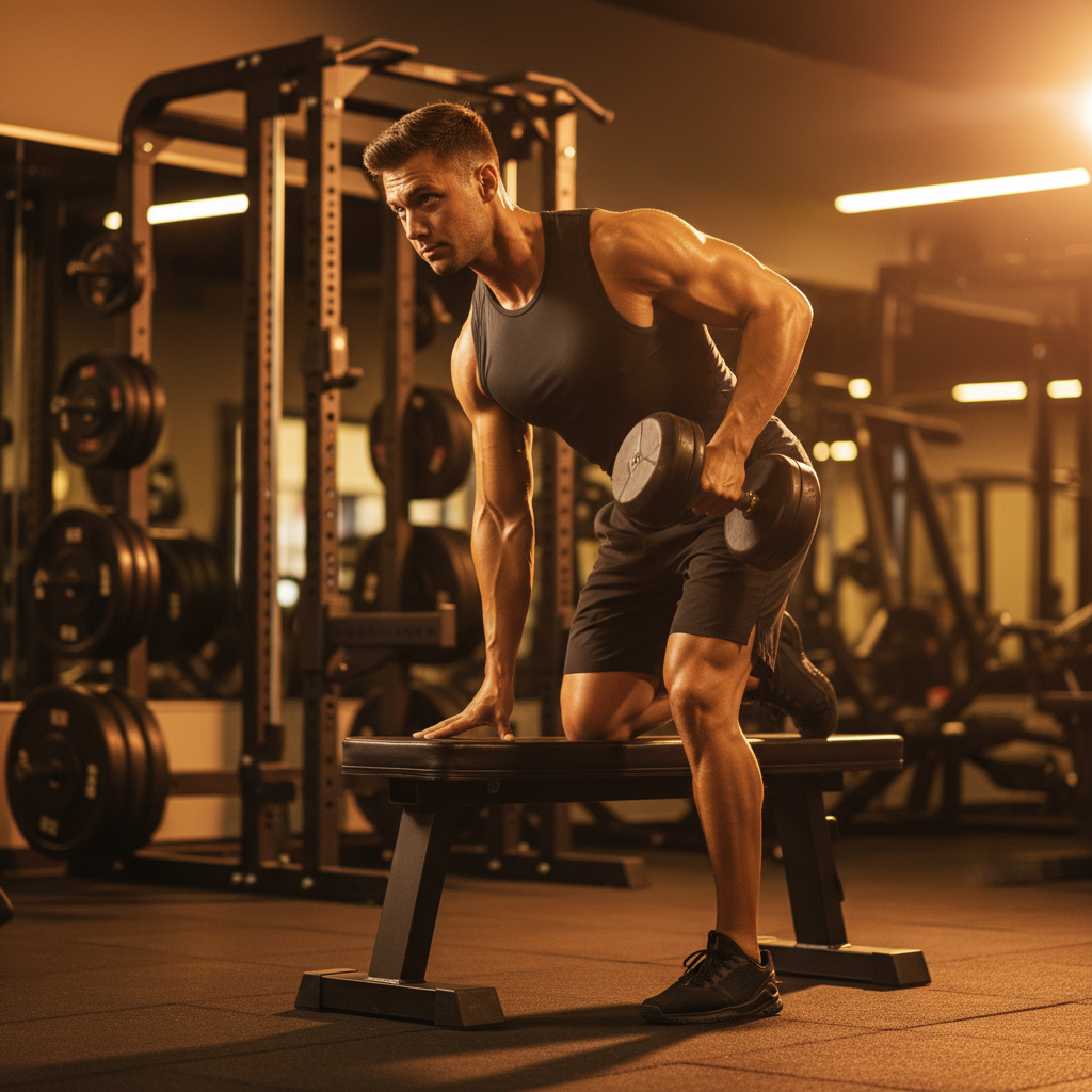 Person doing dumbbell rows on a bench with warm gym lighting