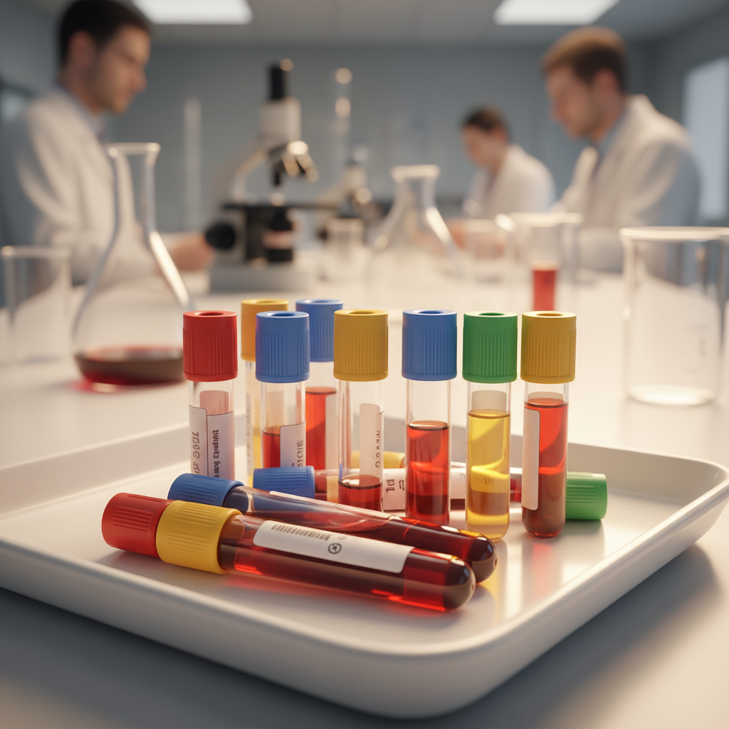 Blood collection vials on a clean white lab tray with warm clinical lighting