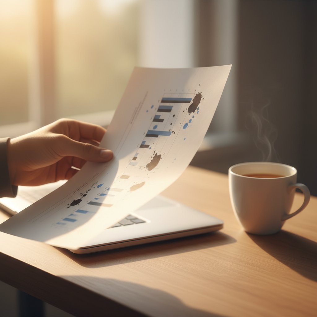 Hand holding a printed lab report at a desk with a laptop and coffee in morning light