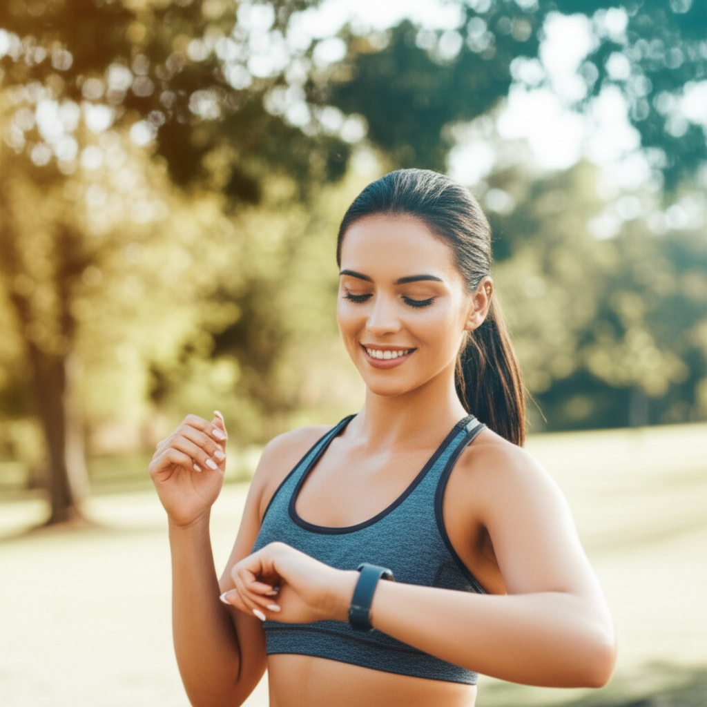 Woman checking fitness tracker after a morning run