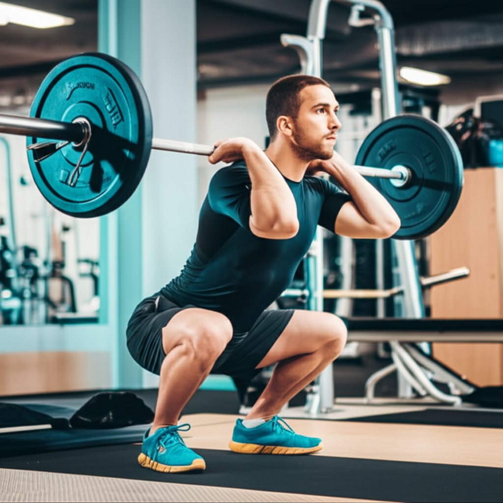 Man performing a barbell squat with focused form