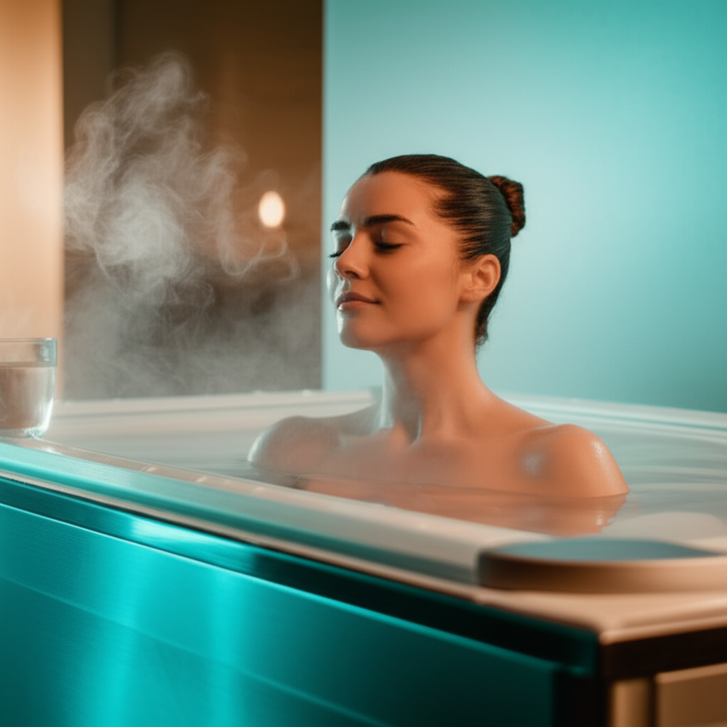 Woman relaxing in a cold plunge tub