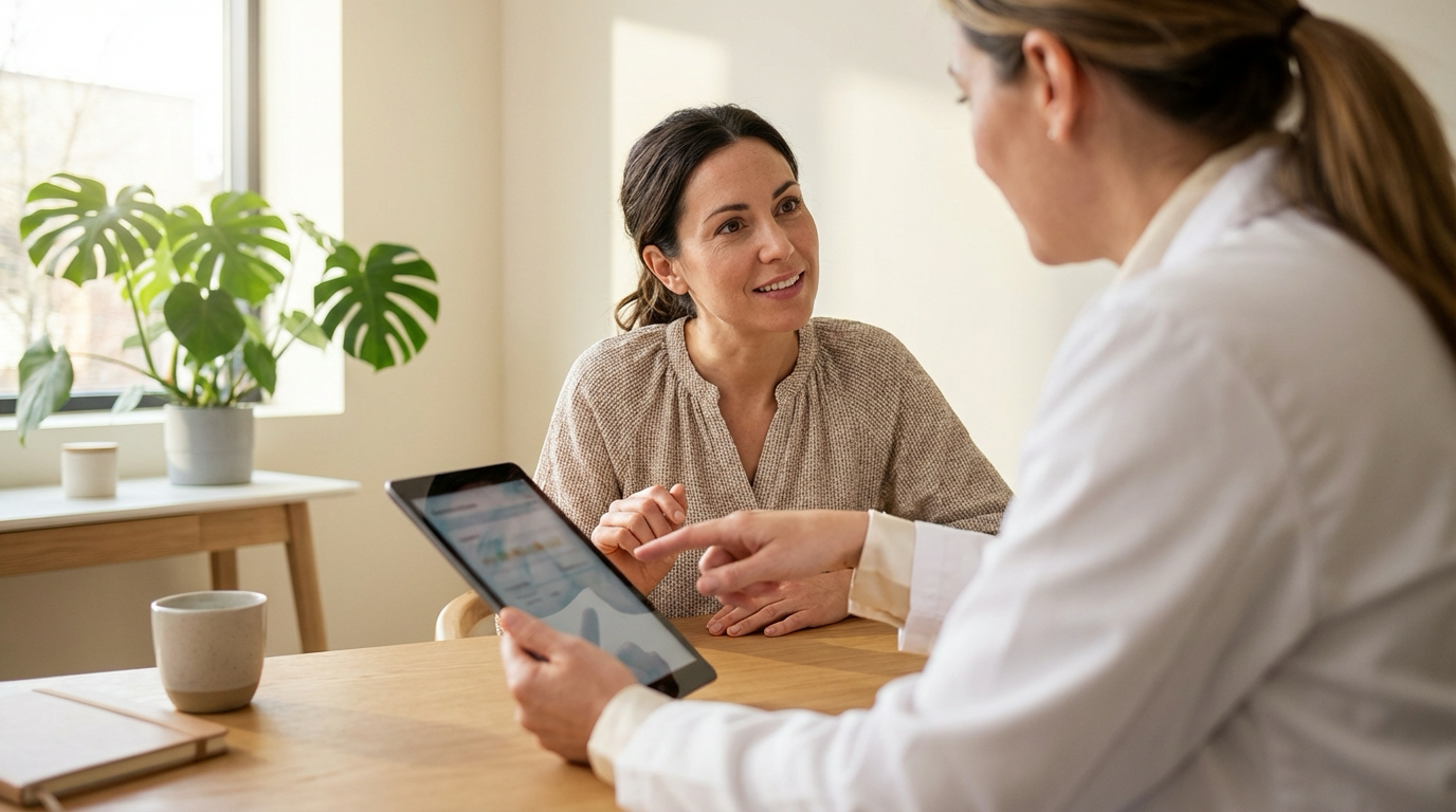 Monitoring hormonal health — woman checking smartwatch and man consulting with doctor